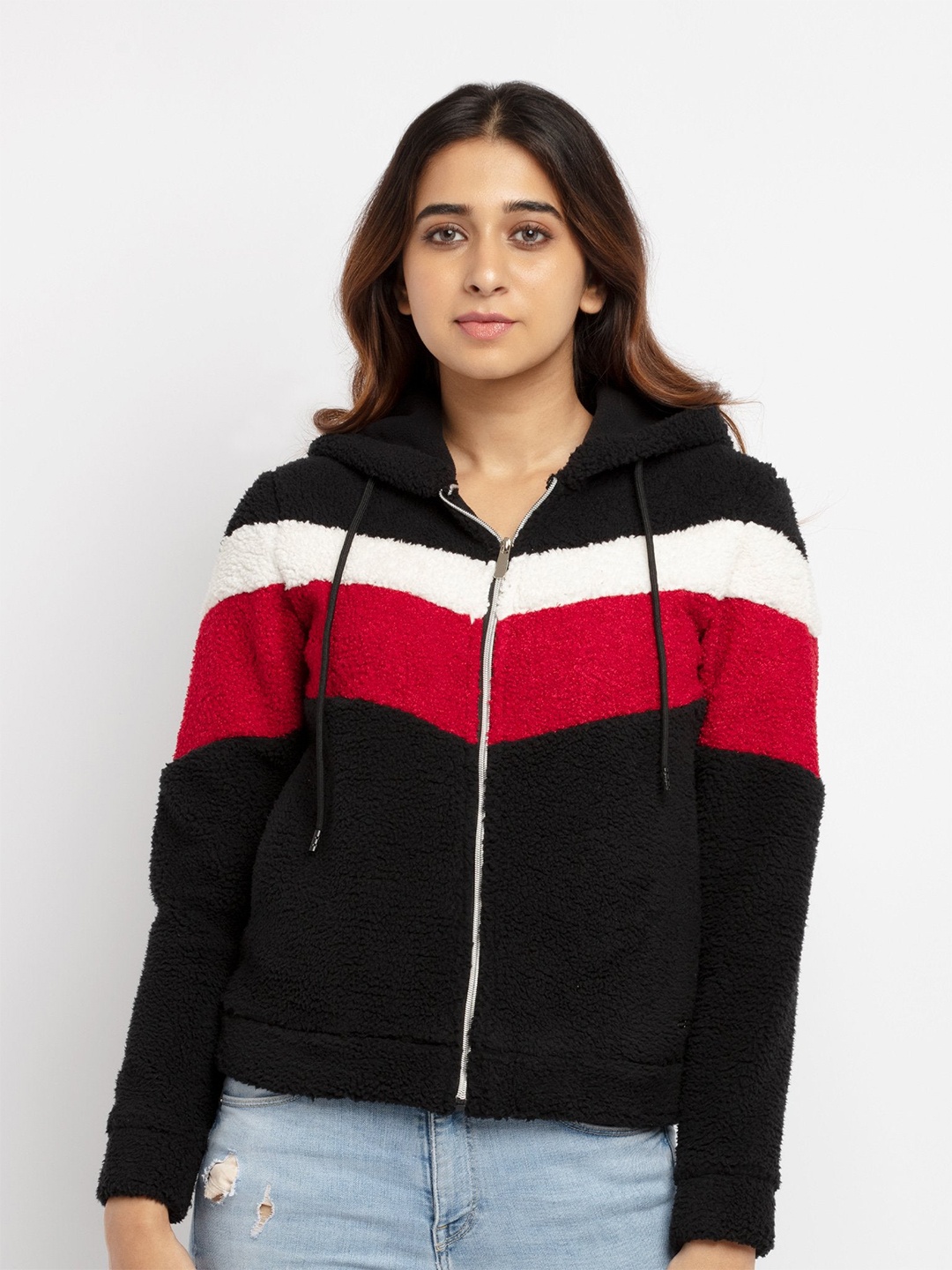 

Status Quo Women Colourblocked Cotton Hooded Sweatshirt, Red