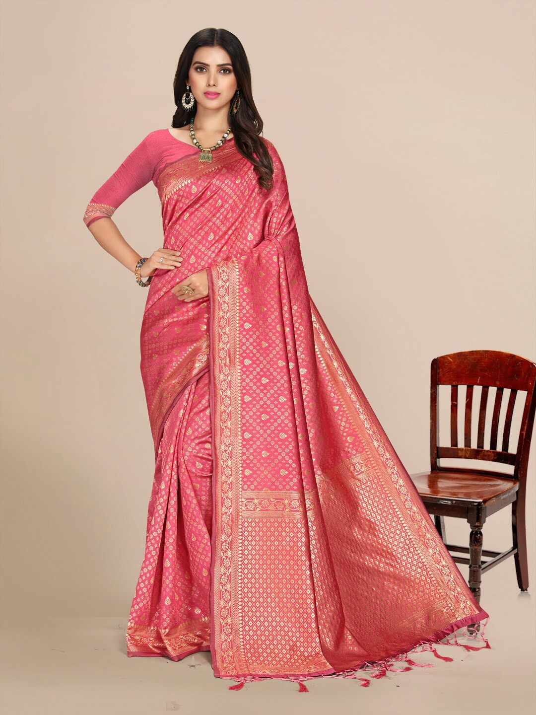 

KALINI Woven Design Zari Silk Blend Saree, Pink