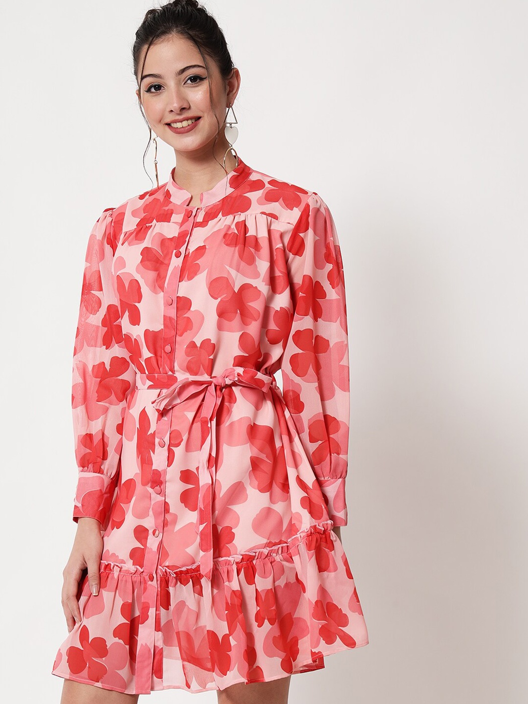 CHARMGAL Floral Georgette Shirt Style Dress, Red