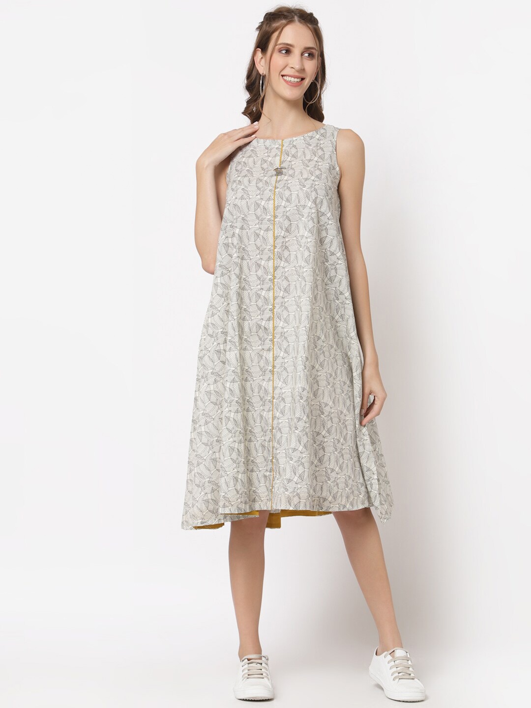 

KAMI KUBI Tropical Printed PureCotton A-Line Dress, Off white