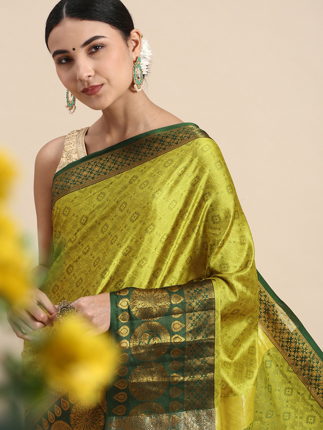 

FASHDEAL Ethnic Motifs Zari Pure Cotton Saree, Green
