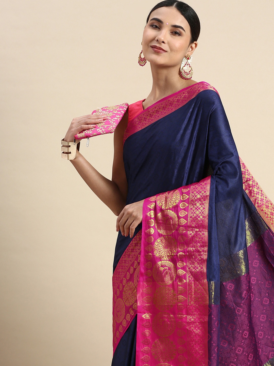 

FASHDEAL Ethnic Motifs Zari Pure Cotton Saree, Navy blue