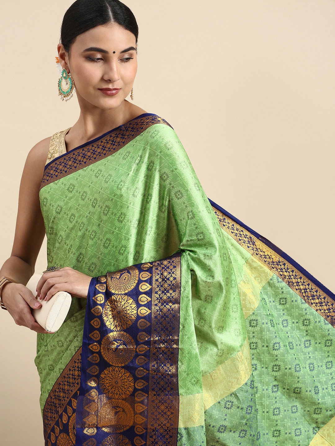 

FASHDEAL Ethnic Motifs Zari Pure Cotton Saree, Green