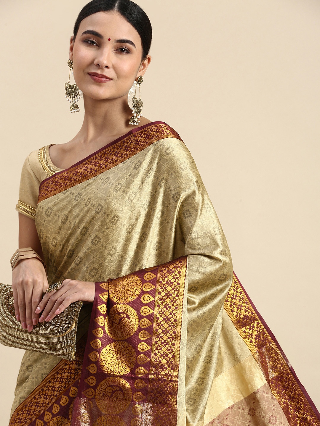 

FASHDEAL Ethnic Motifs Zari Pure Cotton Saree, Beige