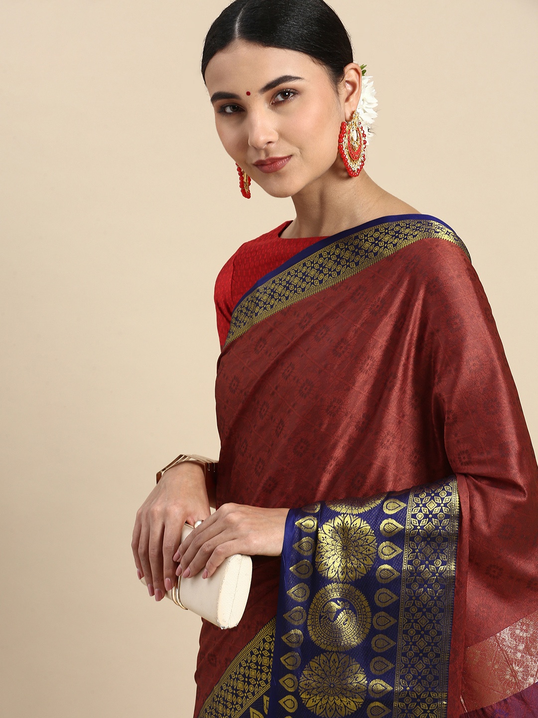 

FASHDEAL Ethnic Motifs Zari Pure Cotton Saree, Red
