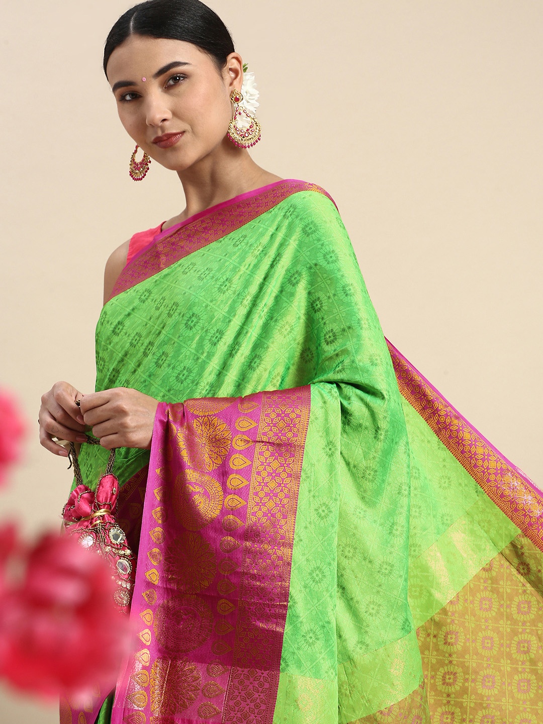 

FASHDEAL Ethnic Motifs Zari Pure Cotton Saree, Green