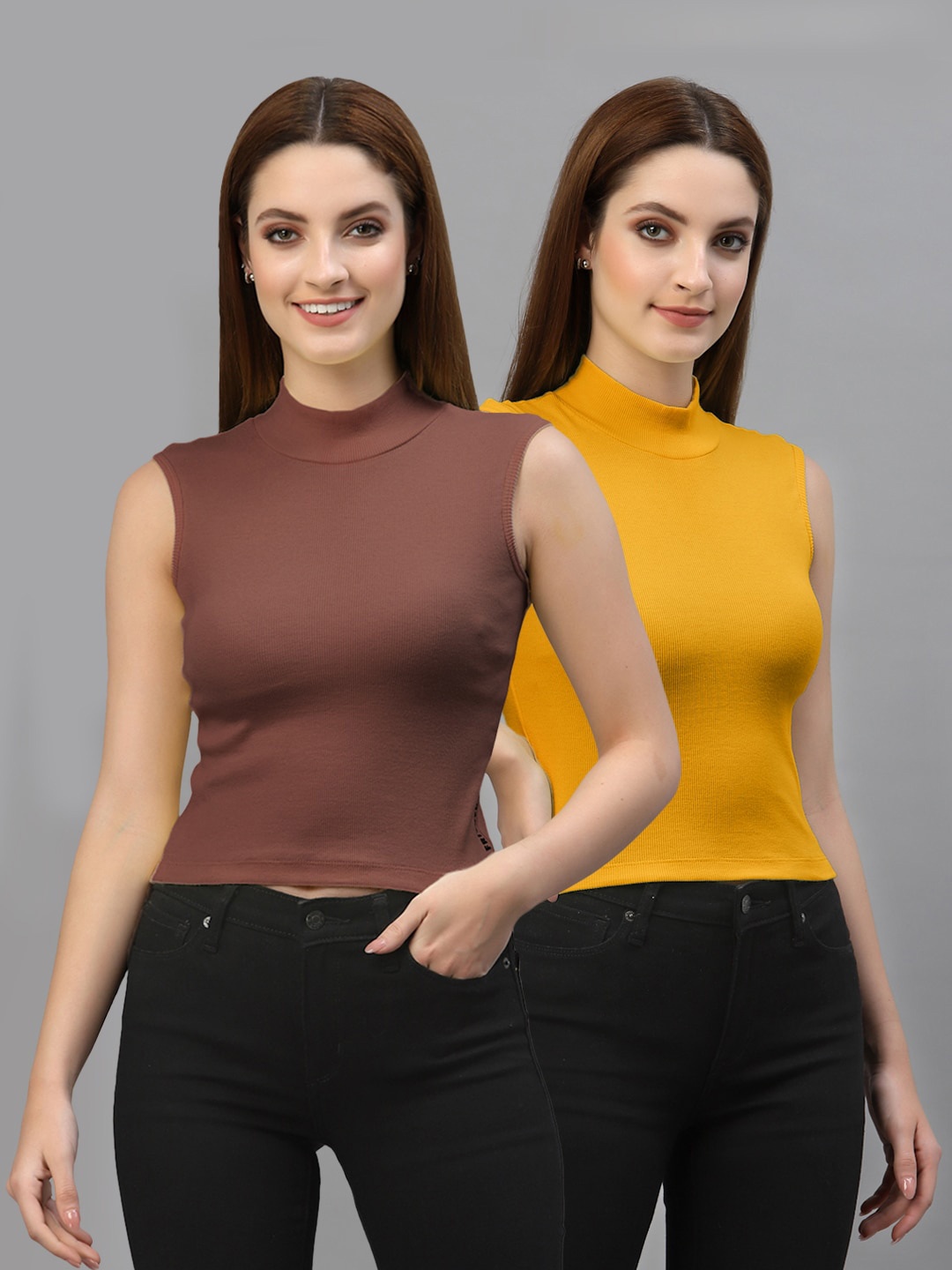 

Friskers Pack of 2 High Neck Cotton Top, Brown