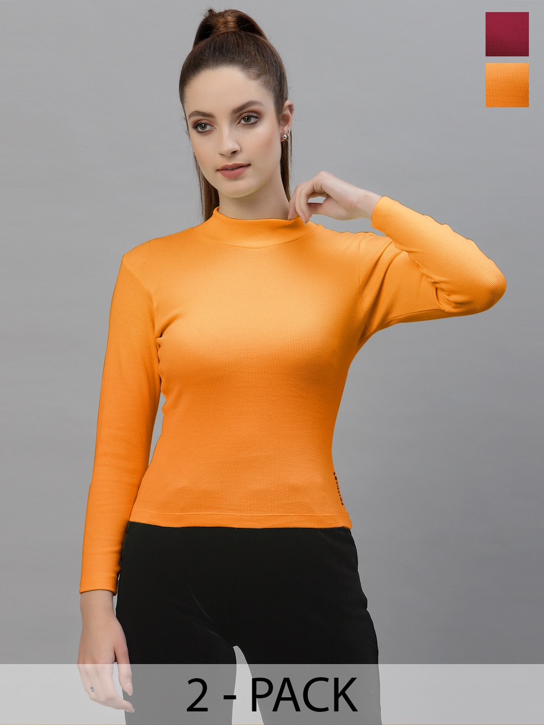 

Friskers Women Pack Of 2 High Neck Tops, Orange