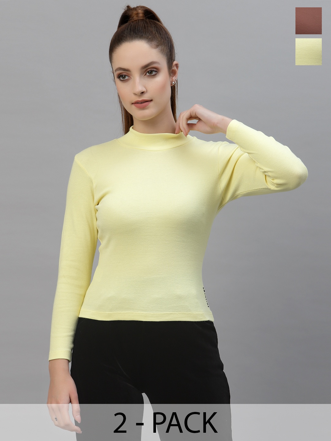 

Friskers Women Pack Of 2 High Neck Tops, Yellow