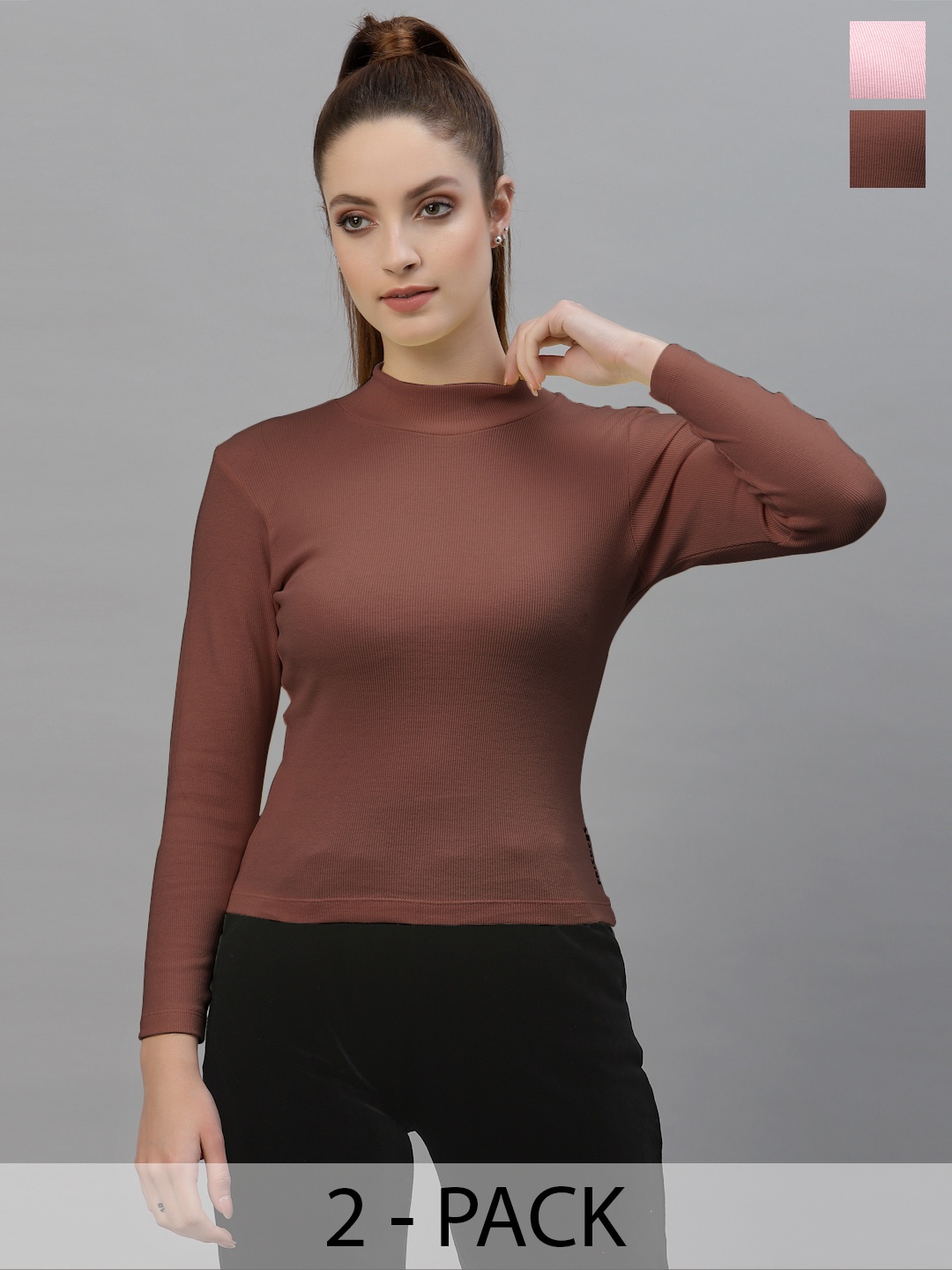 

Friskers Women Pack Of 2 High Neck Tops, Brown