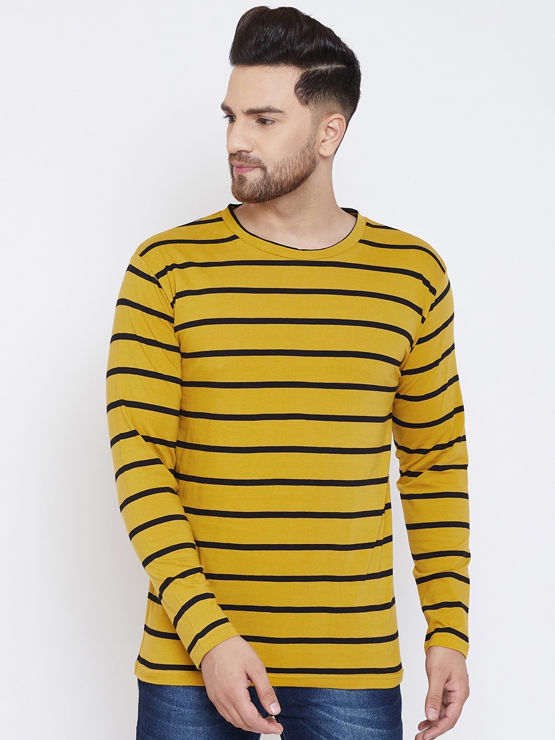 

Hypernation Men Striped Pure Cotton T-shirt, Mustard