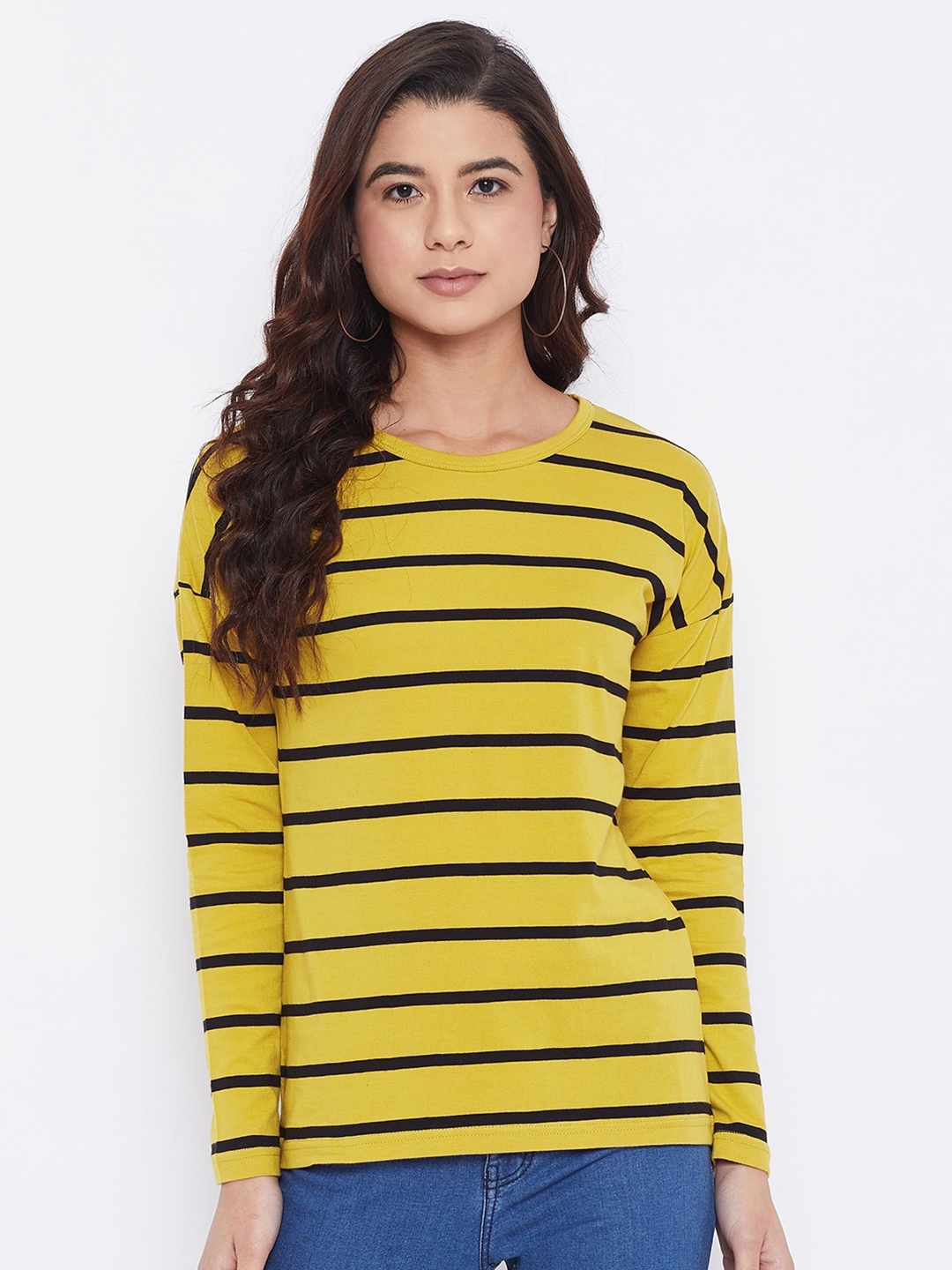 

Hypernation Women Striped Slim Fit Pure Cotton T-shirt, Mustard