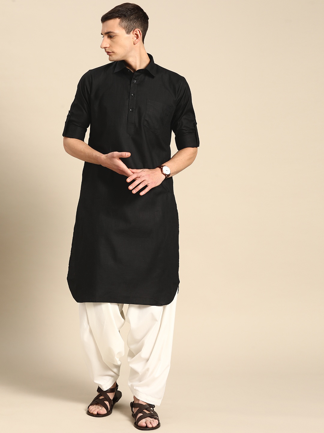 

RAJUBHAI HARGOVINDAS Men Pure Cotton Pathani Kurta, Black