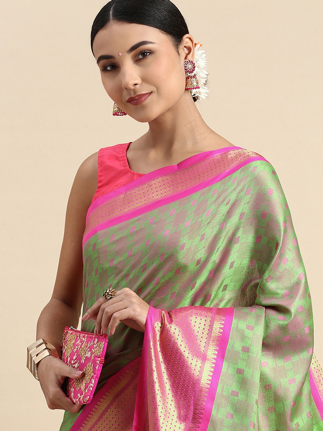 

FASHDEAL Geometric Woven Design Pure Cotton Saree, Green