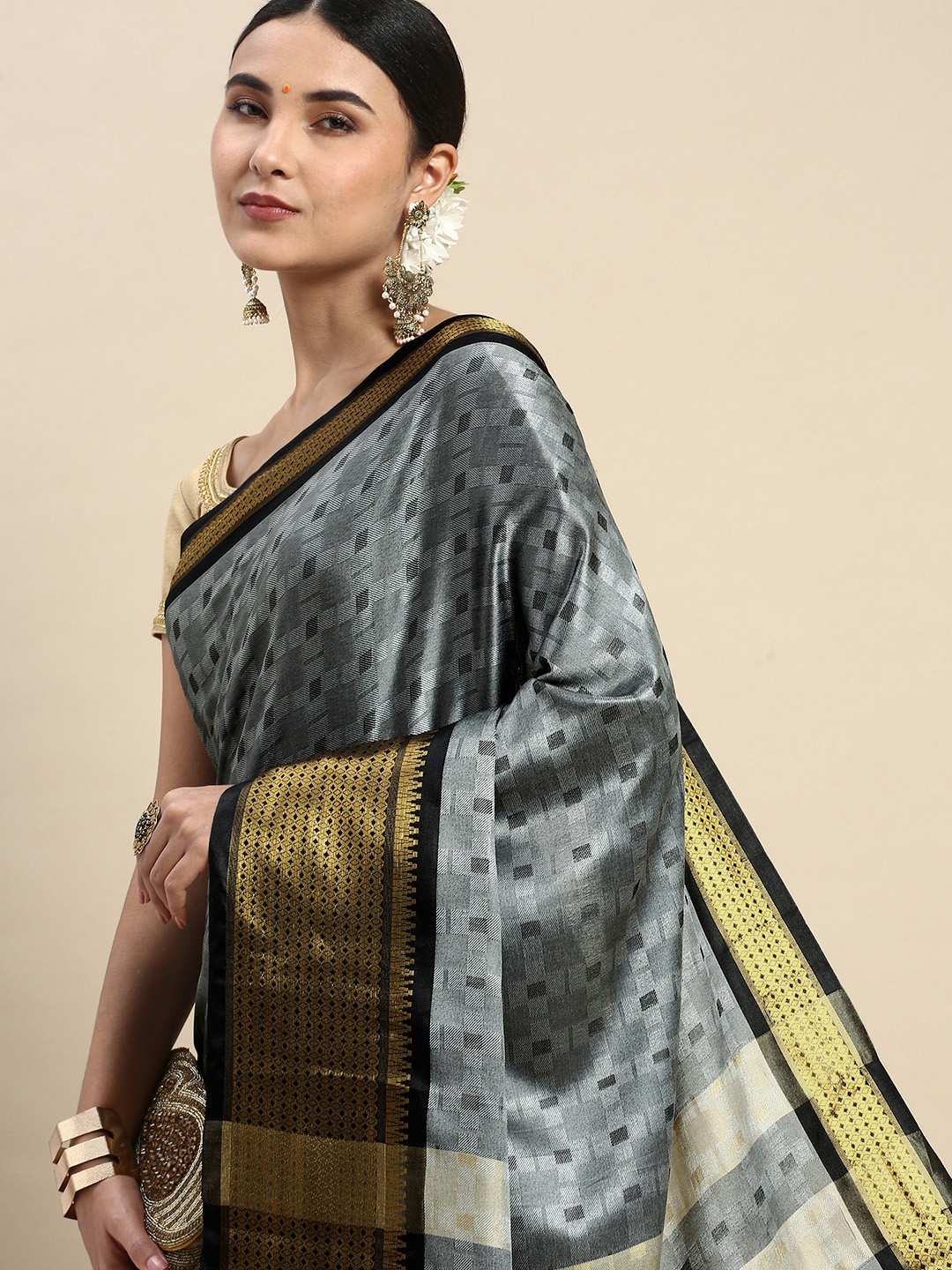 

FASHDEAL Woven Design Geometric Pure Cotton Saree, Grey