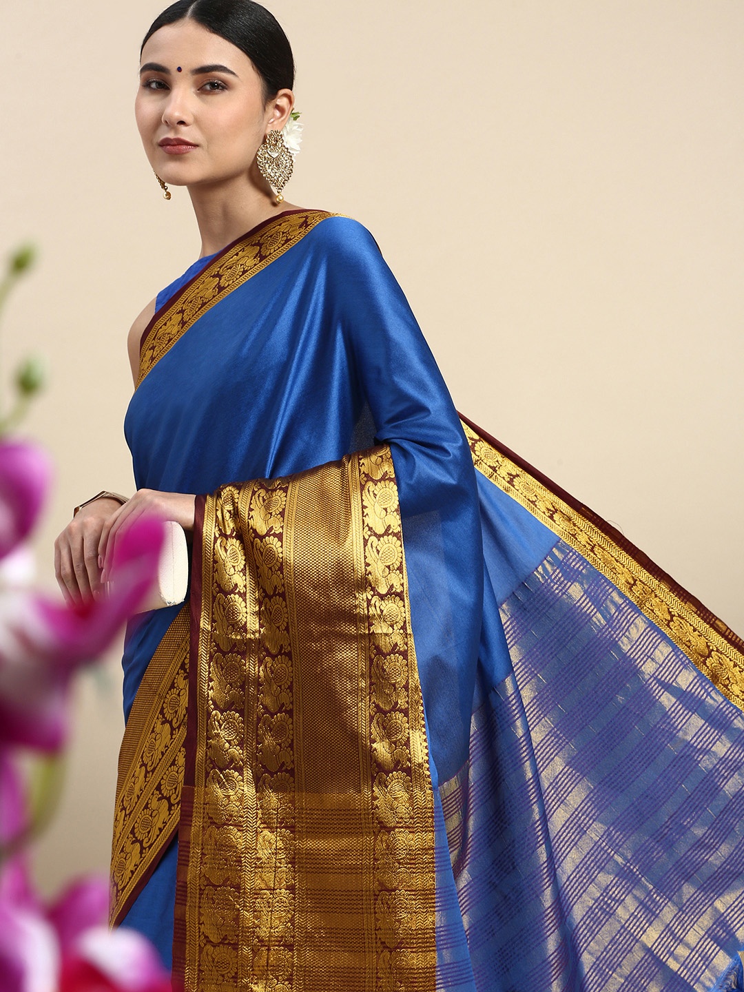 

FASHDEAL Solid Zari Pure Cotton Saree, Blue