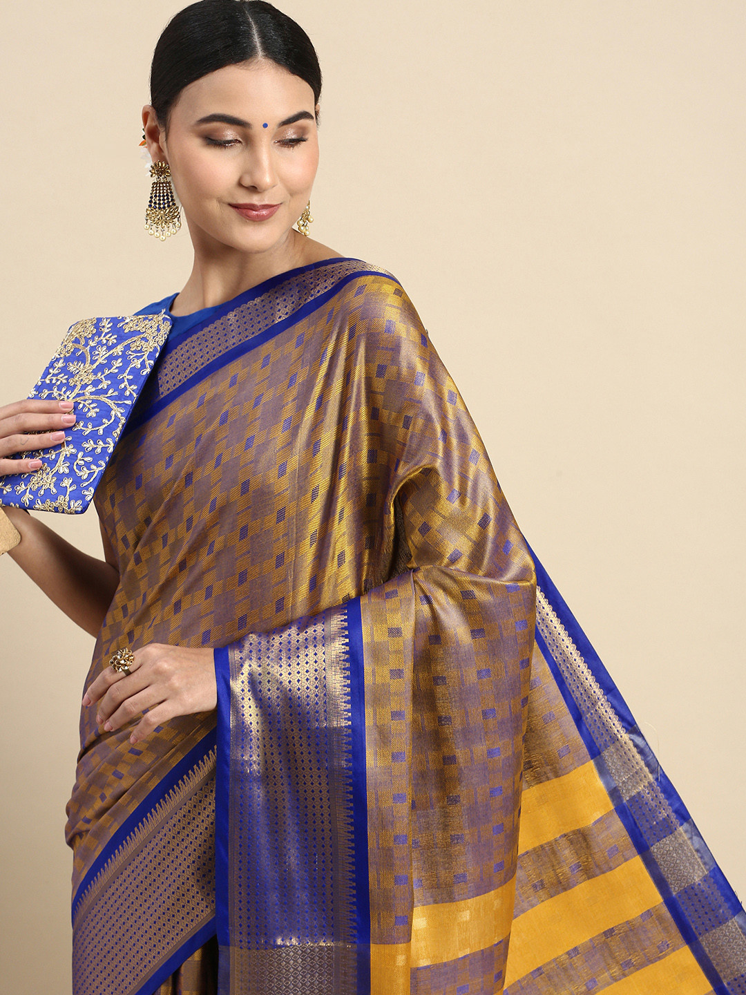 

FASHDEAL Woven Design Geometric Pure Cotton Saree, Yellow