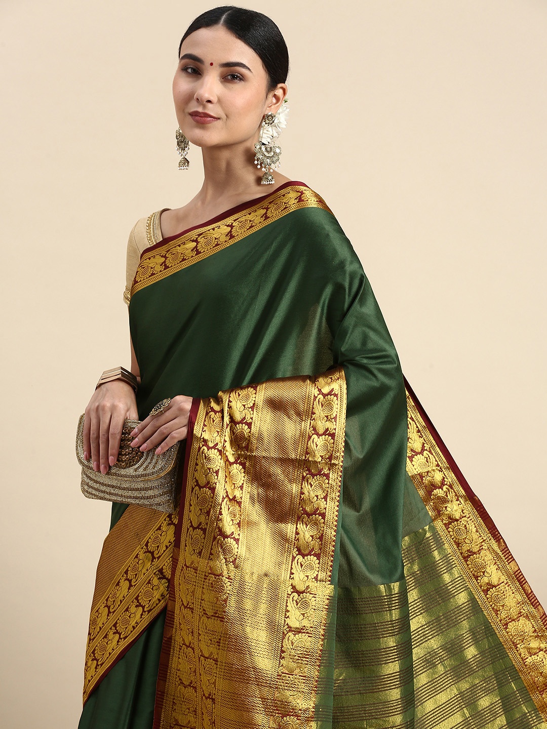 

FASHDEAL Solid Zari Pure Cotton Saree, Green