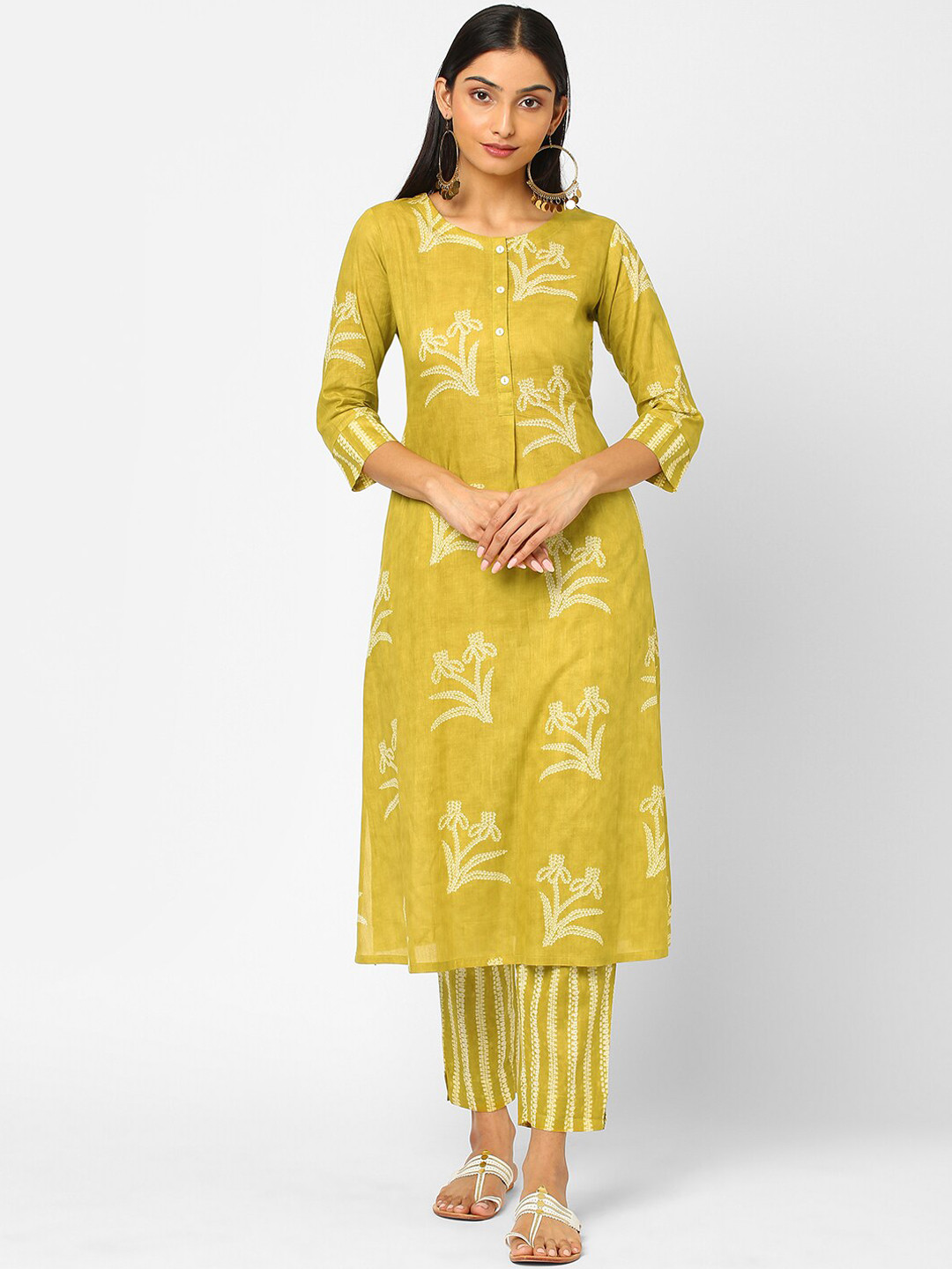 

KAMI KUBI Women Floral Printed Pure Cotton Kurta with Trousers, Mustard