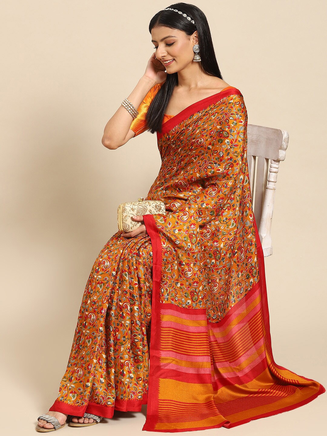 

Mitera Floral Printed Saree, Mustard