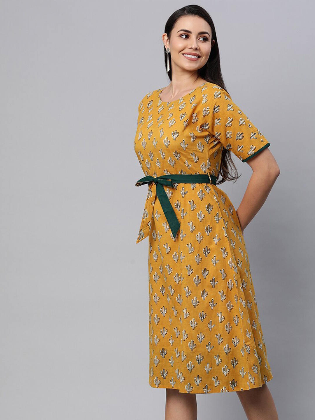 

KAMI KUBI Cotton Ethnic Motifs A-Line Dress, Mustard