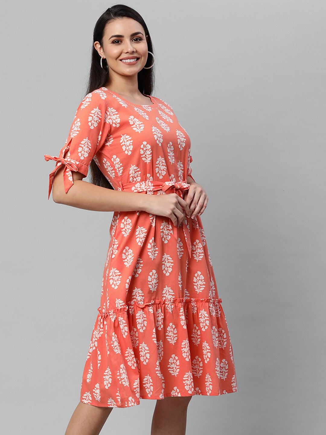 

KAMI KUBI Cotton Ethnic Motifs A-Line Dress, Peach