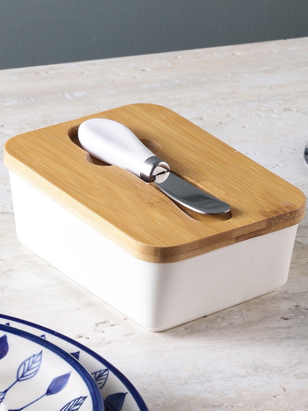 

The Decor Mart White & Brown Ceramic Butter Dish Box With Wooden Lid & Knife