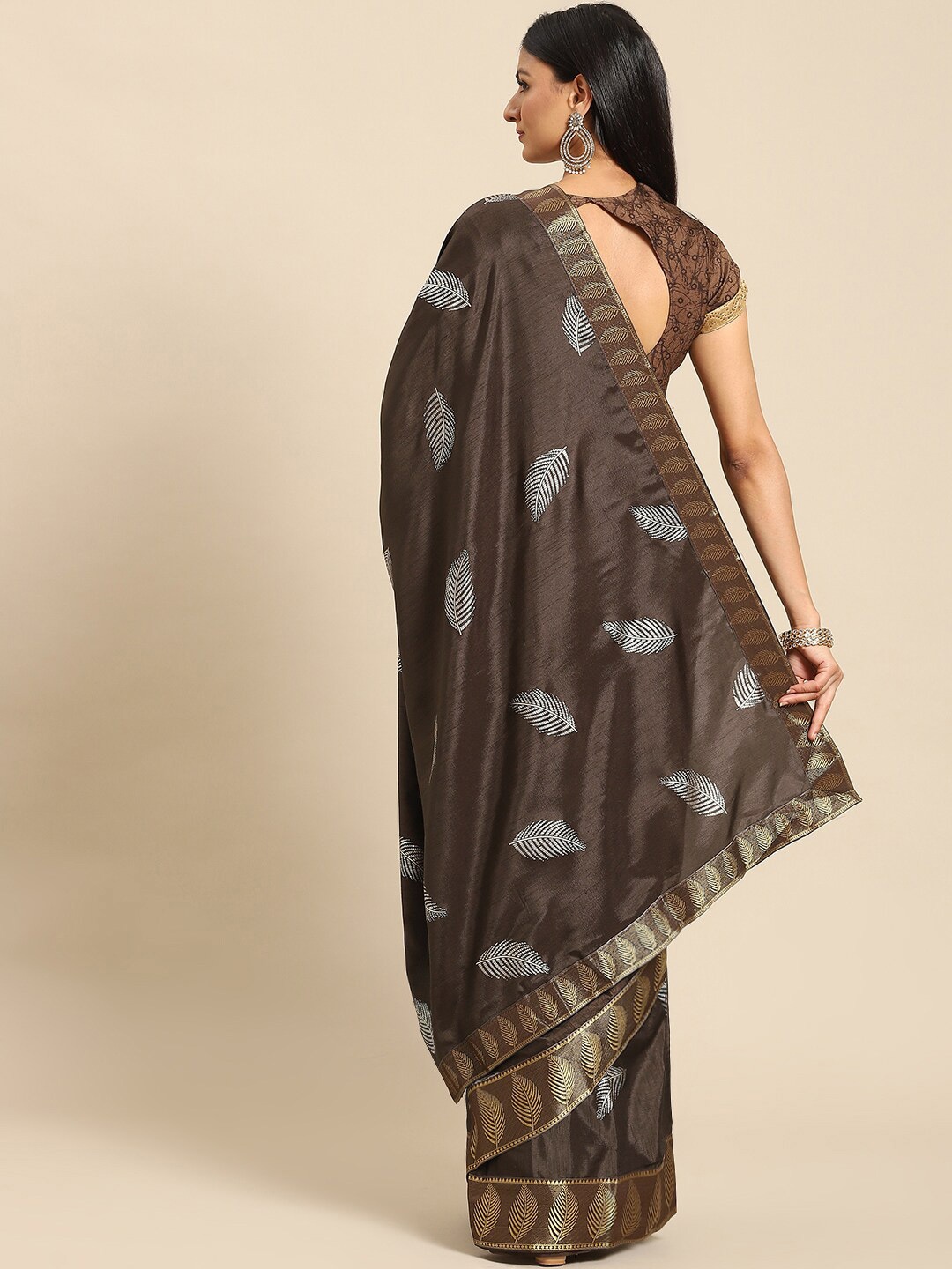 

Mitera Floral Printed Woven Design Border Poly Crepe Saree, Brown