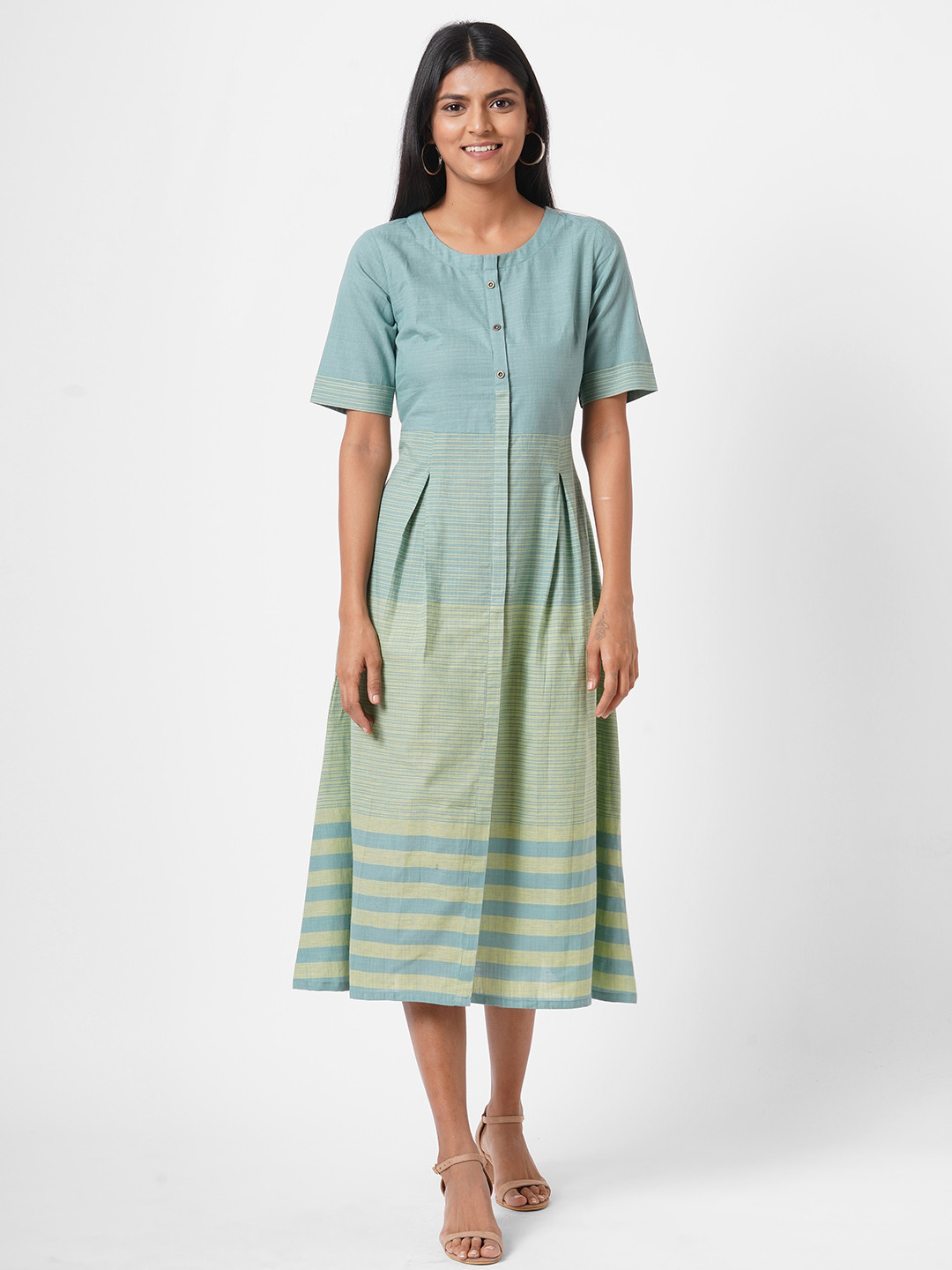 

KAMI KUBI Striped A-Line Midi Pure Cotton Dress, Green