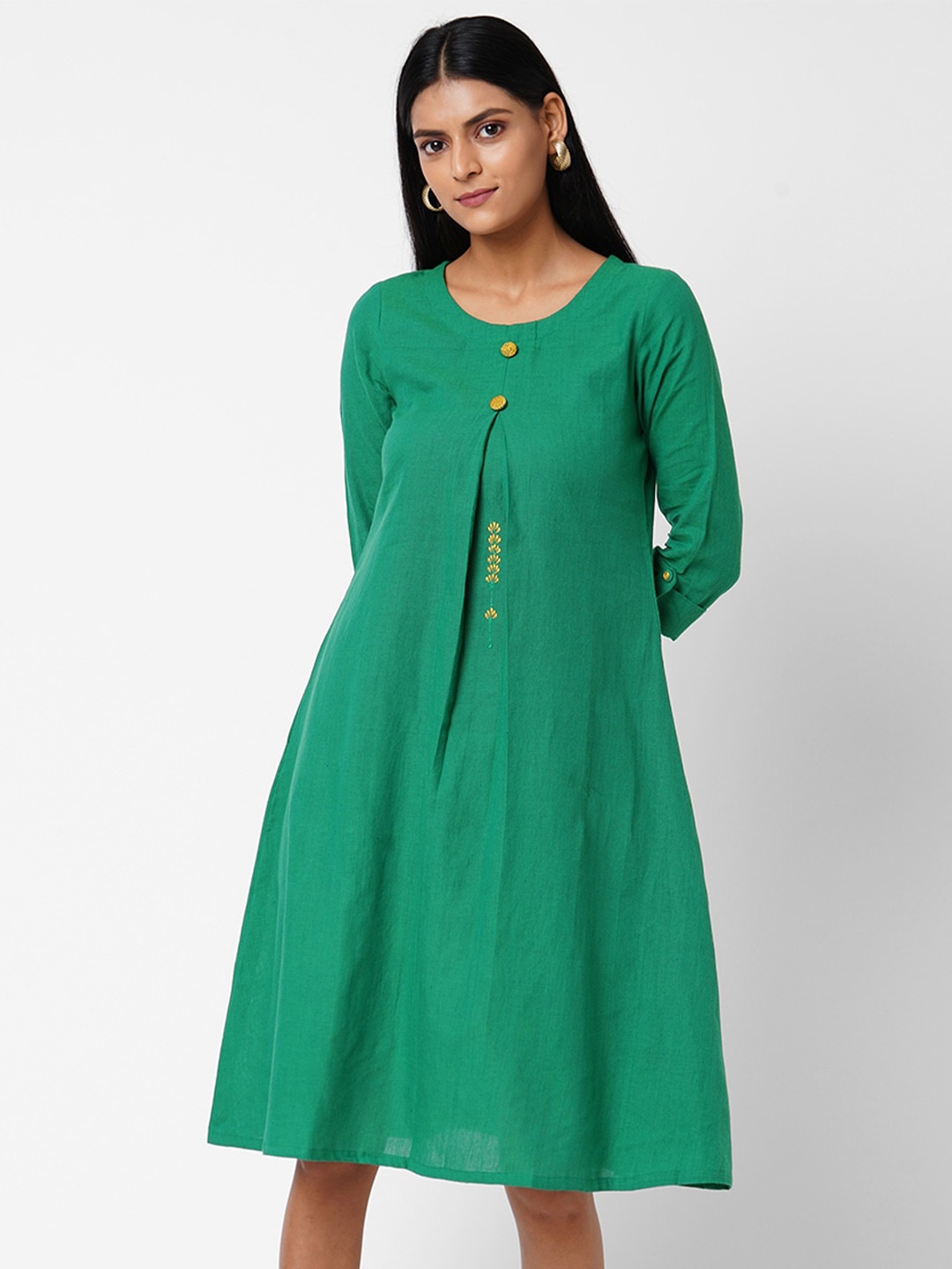 

KAMI KUBI Box Pleat Cotton A-Line Dress, Green