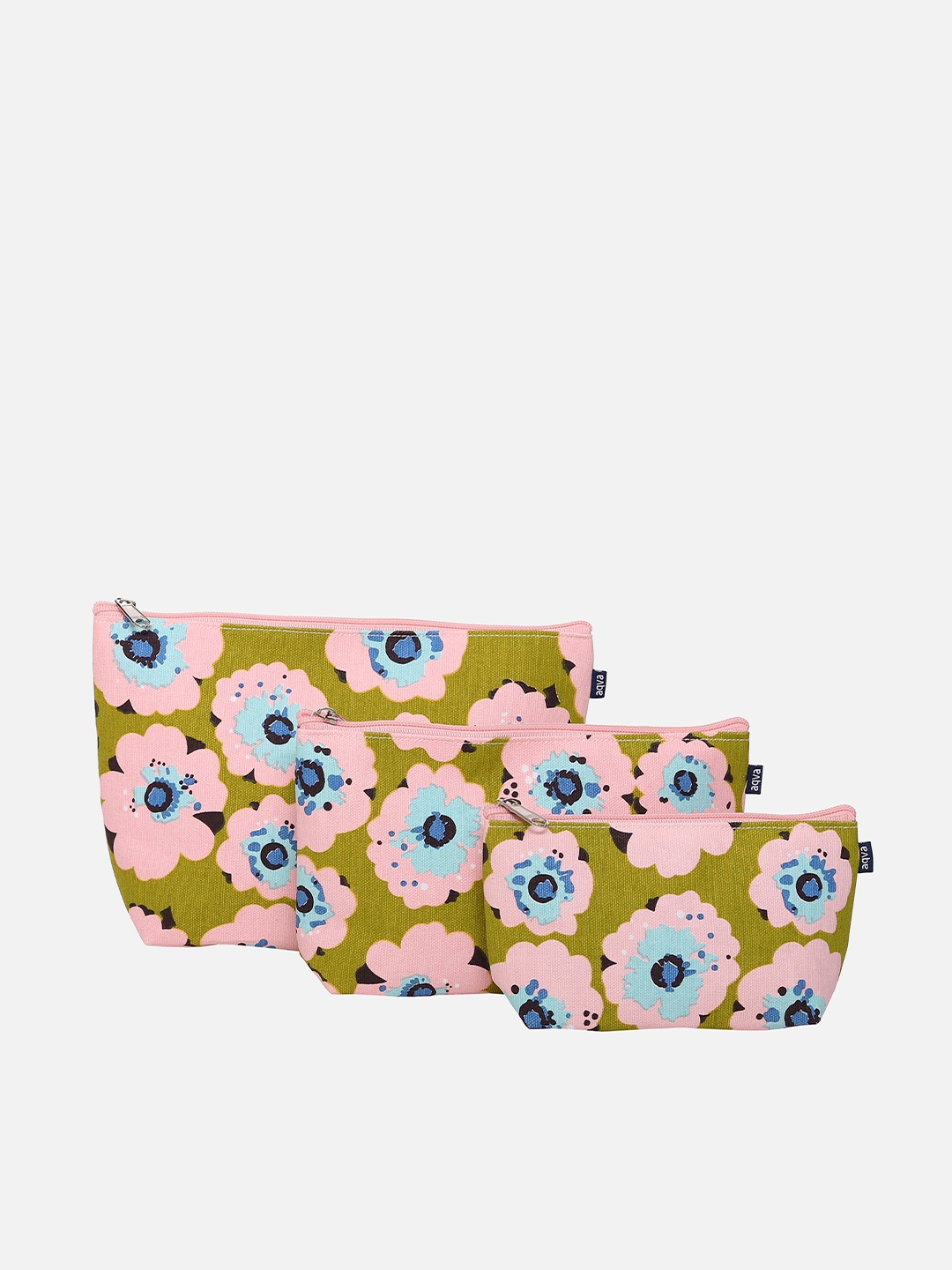 

AQVA Set of 3 Floral Printed Cotton Canvas Travel Pouch, Blue