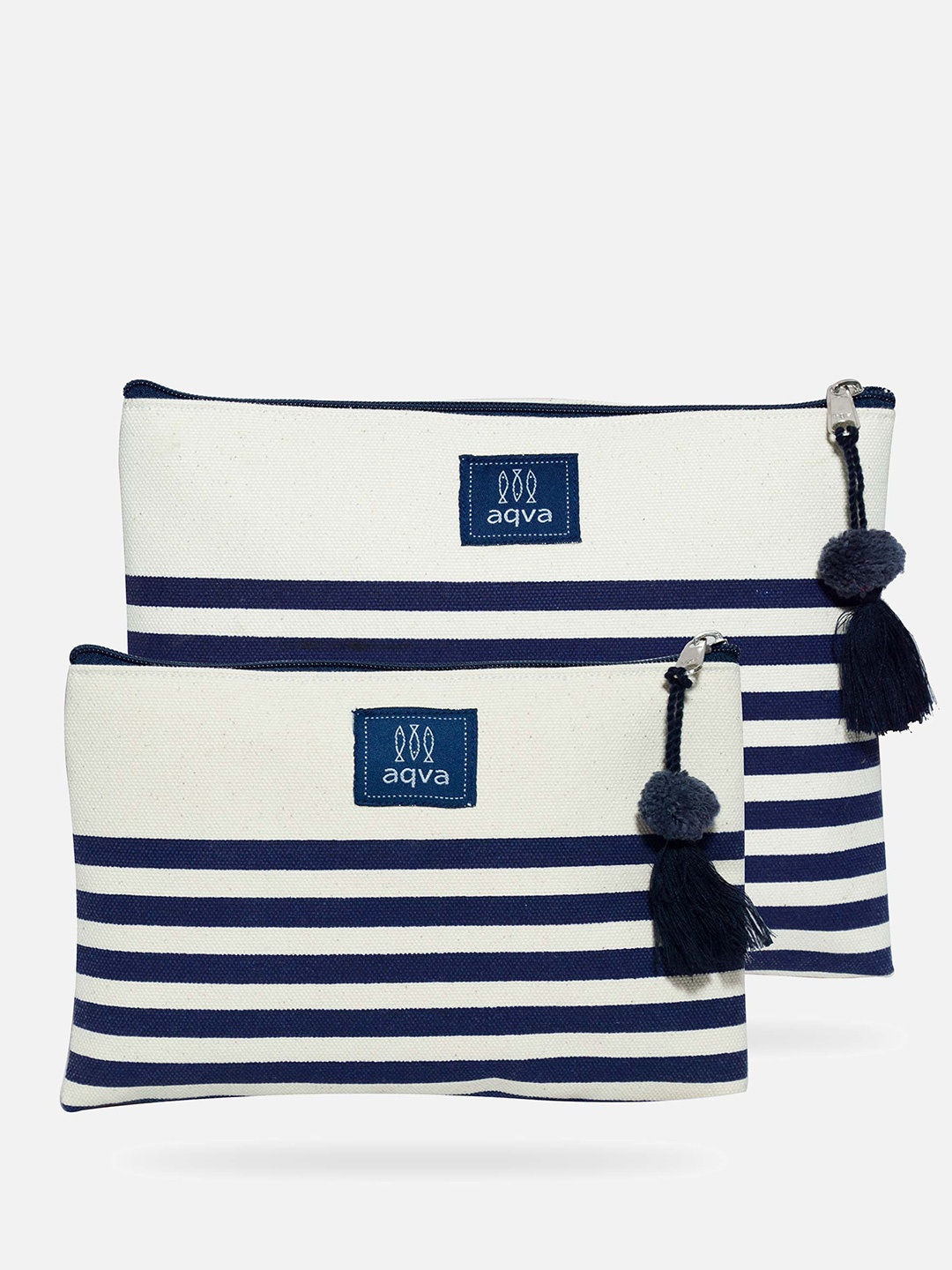 

AQVA Set Of 2 Striped Cotton Canvas Travel Pouch, Navy blue