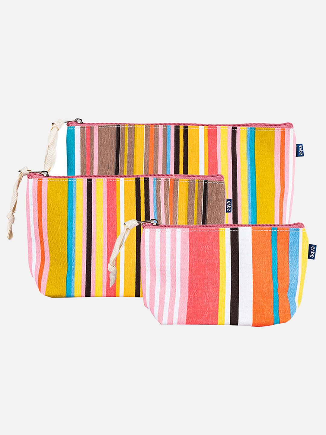 

AQVA Oranga and Pink Set Of 3 Striped Cosmetic Pouches