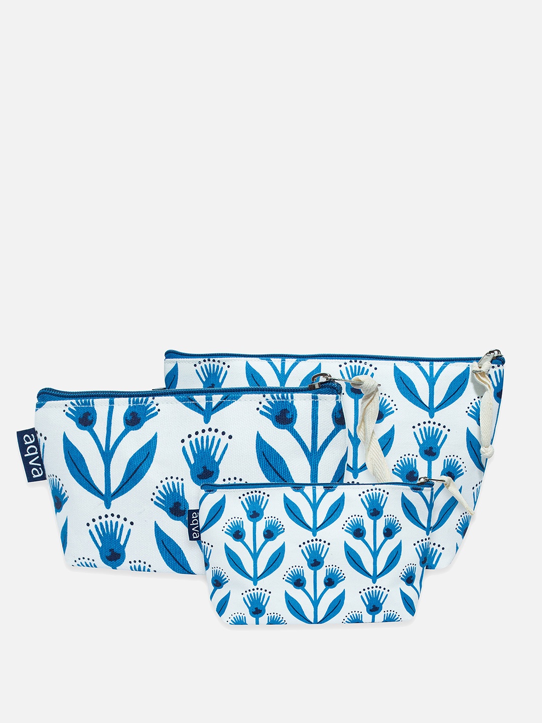 

AQVA Set Of 3 Blue & White Printed Eco-Friendly Cotton & Canvas Travel Pouches