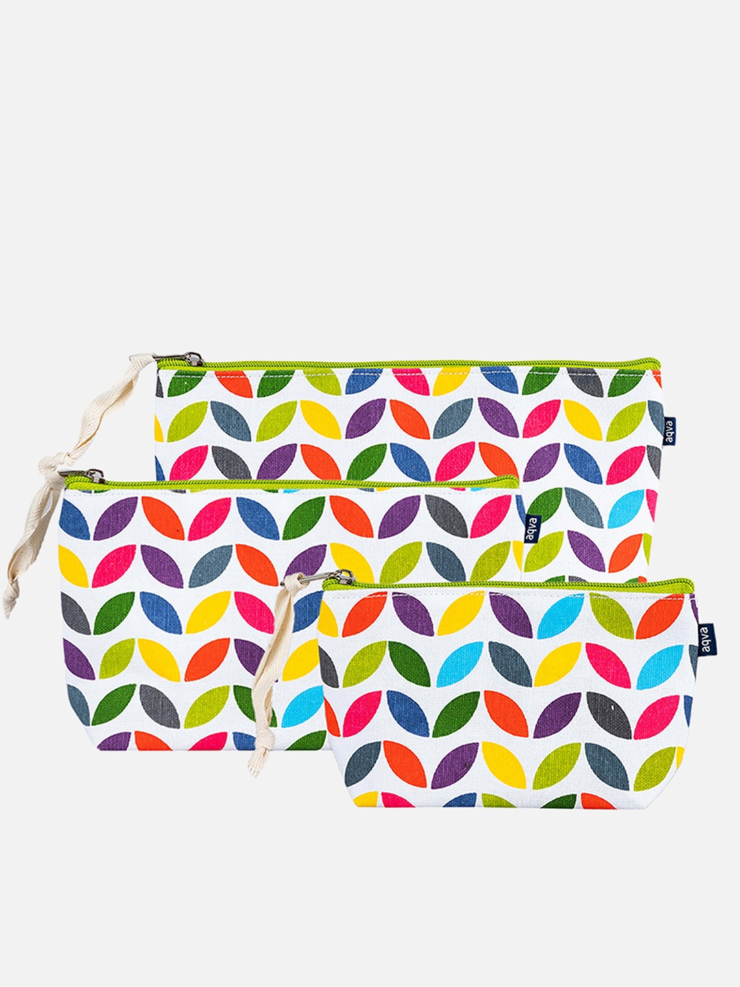 

AQVA Set Of 3 Printed Cotton Travel Pouches, White