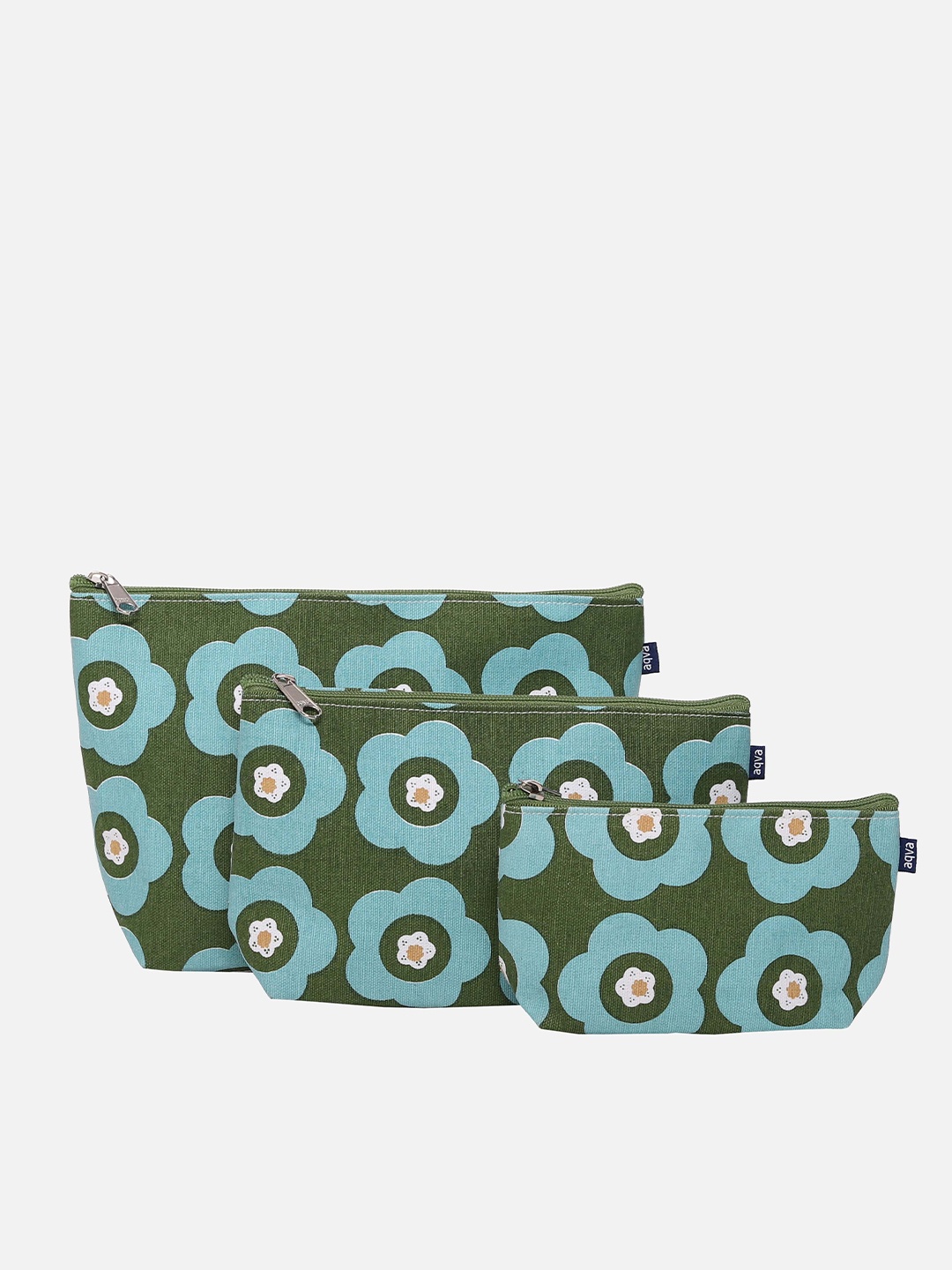 

AQVA Set Of 3 Printed Cotton Canvas Cosmetic Pouches, Green