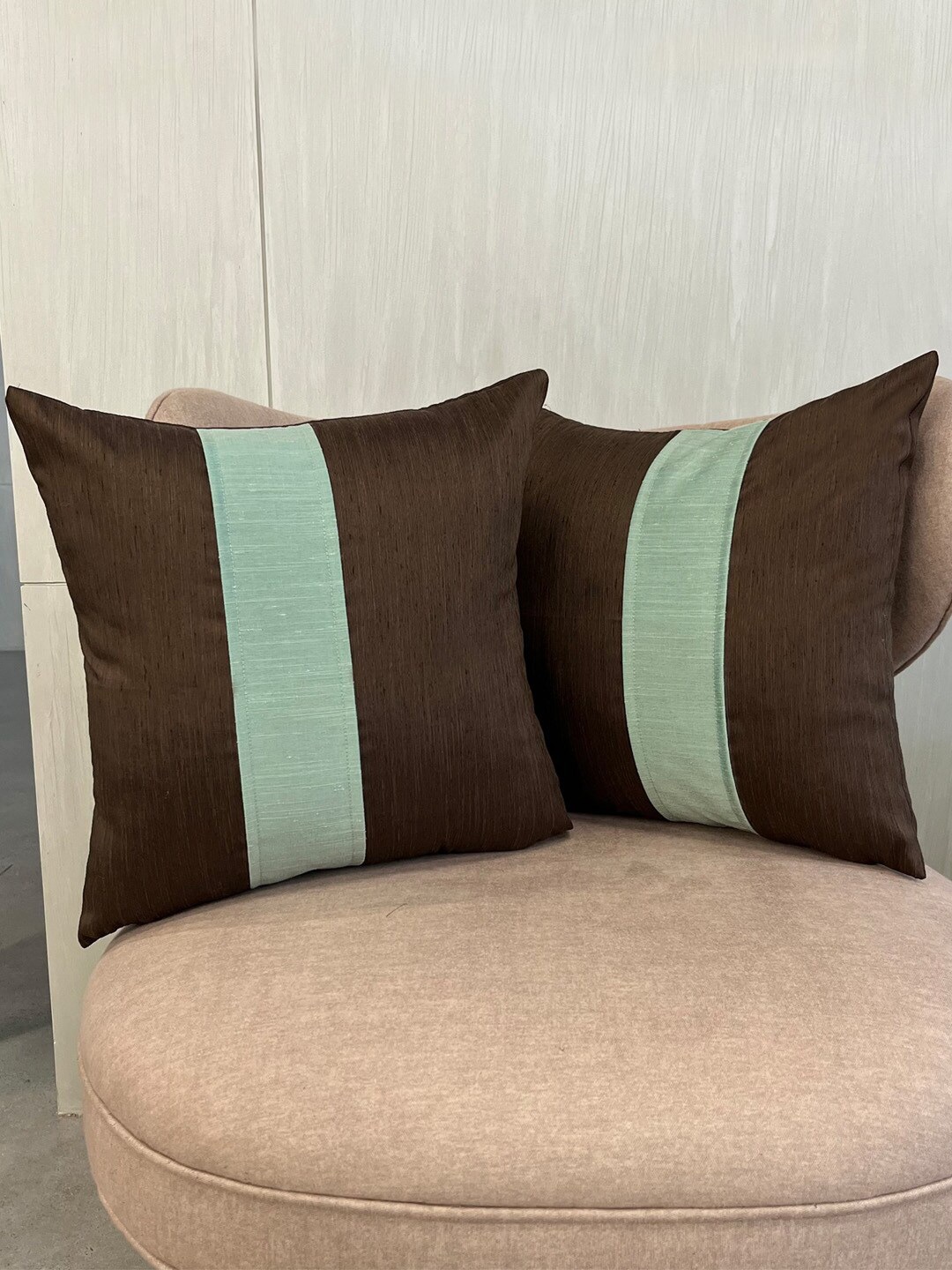 

Seevo Set of 2 Brown & Green Striped Square Cushion Covers