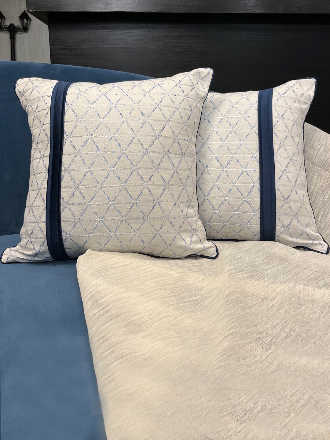

Seevo Set of 2 White & Blue Geometric Cushion Covers