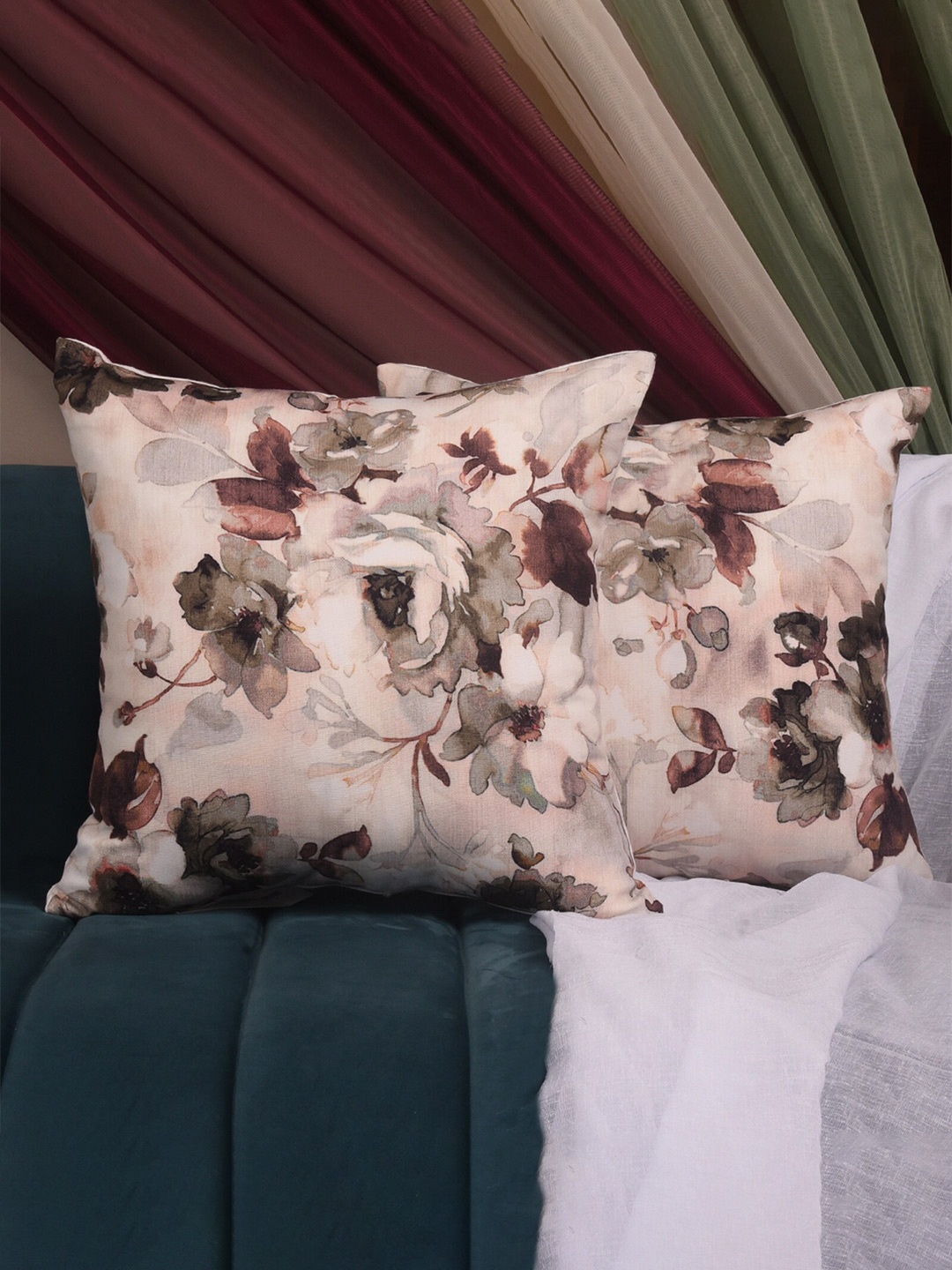 

Seevo Set of 2 Cream Floral Cushion Covers, Brown