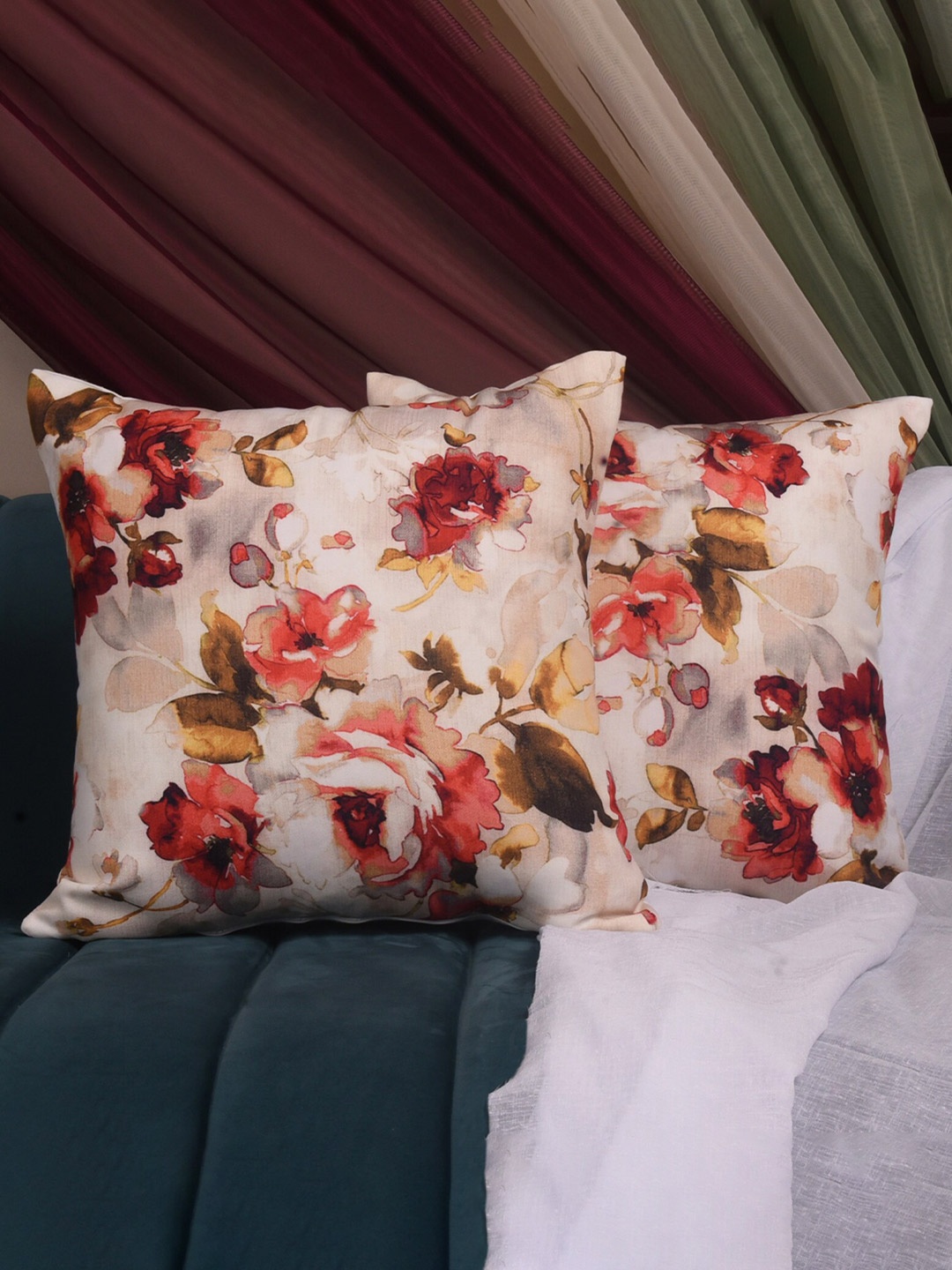 

Seevo Cream & Maroon Set of 2 Floral Square Cushion Covers
