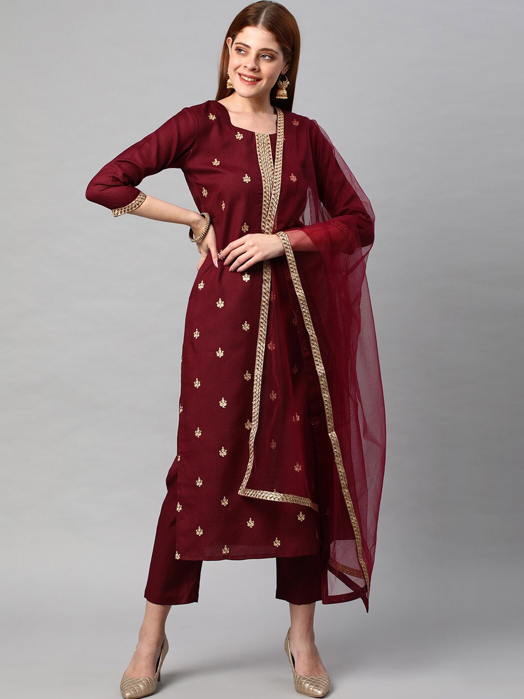 

KALINI Women Ethnic Motifs Embroidered Kurta with Trousers & Dupatta, Maroon