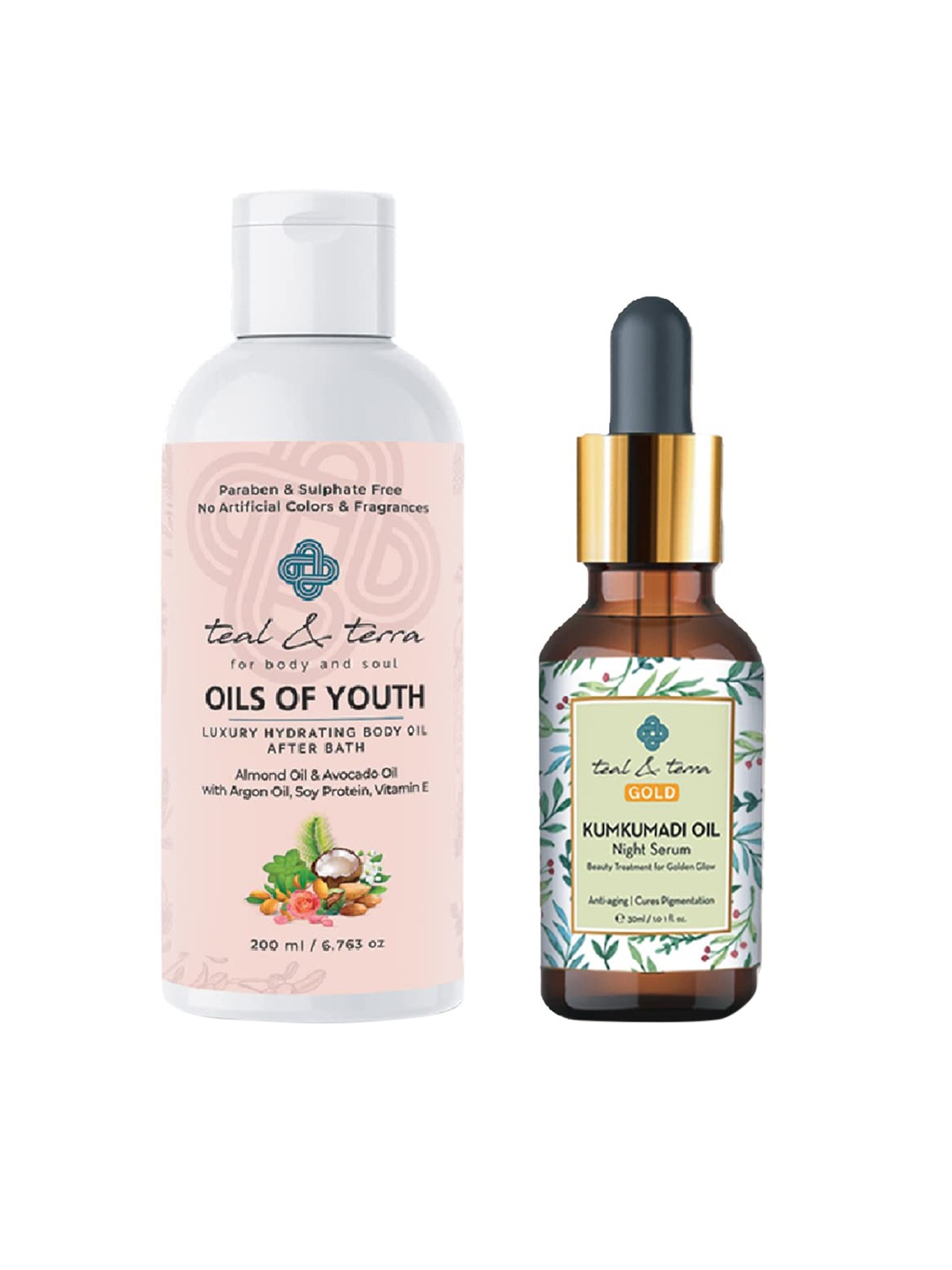 

teal & terra Set of 2 Kumkumadi Oil & Body Oil for Whitening & Glowing Skin, Brown
