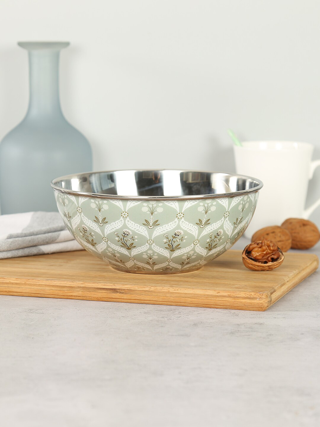 

India Circus by Krsnaa Mehta Blooming Dahlia Sea Green Printed Stainless Steel Glossy Bowl