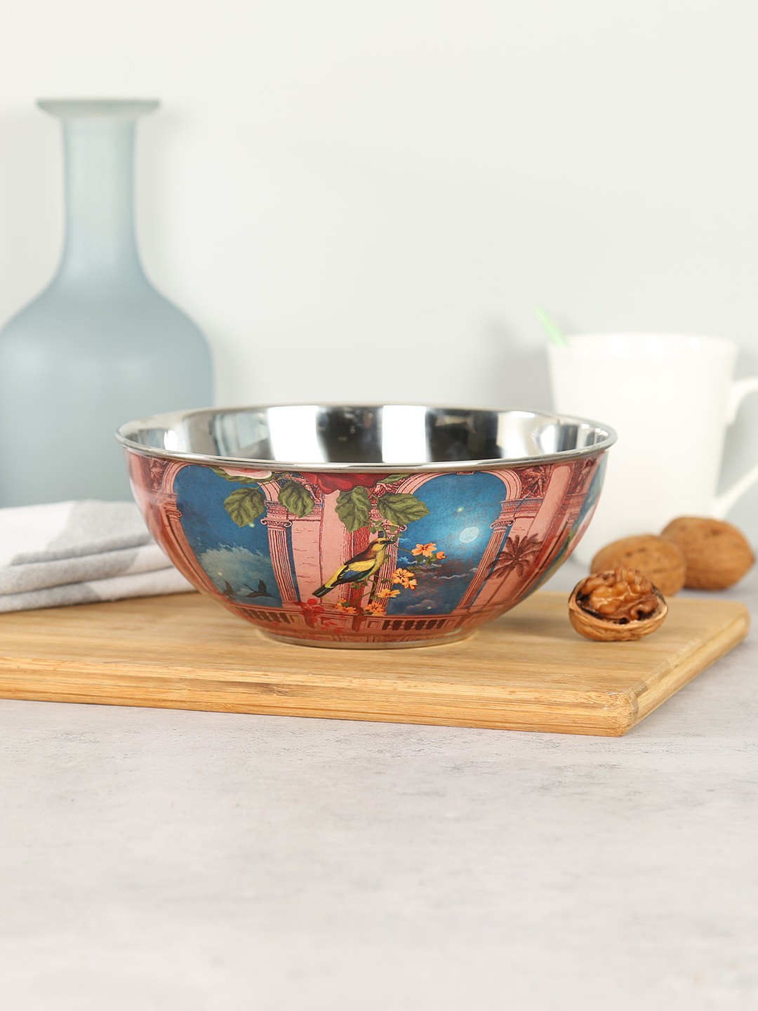 

India Circus by Krsnaa Mehta Bliss Paradise Red & Blue Printed Stainless Steel Matte Bowl
