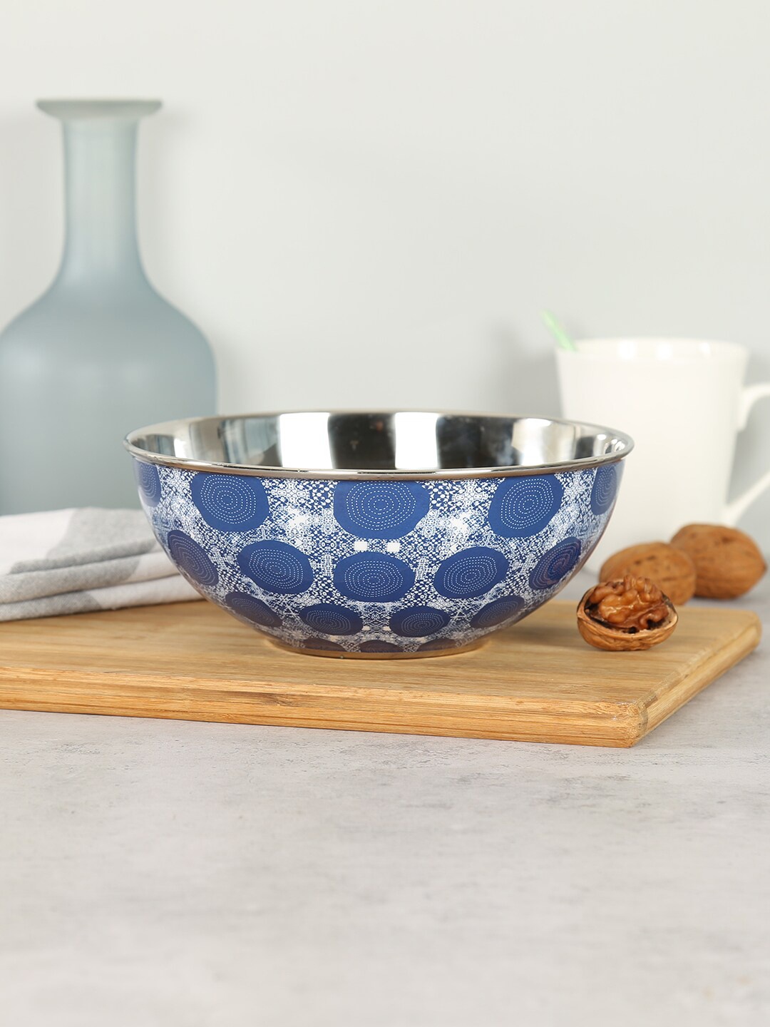 

India Circus by Krsnaa Mehta Beryl Indigo Blue & White Printed Stainless Steel Matte Bowl