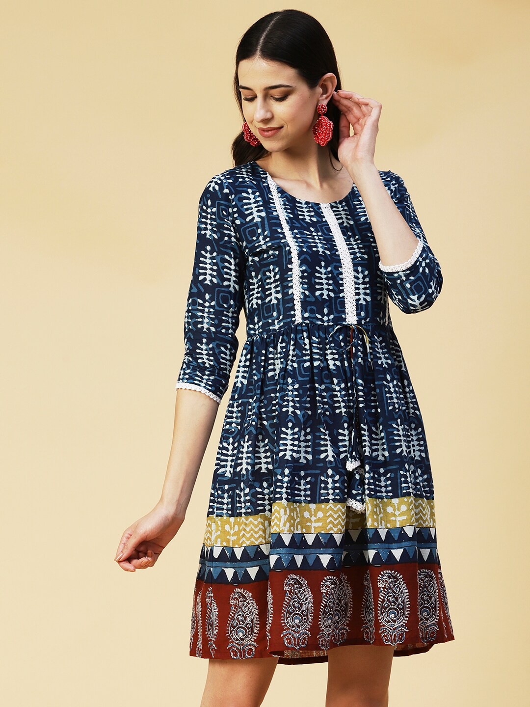 

FASHOR Ethnic Motifs Cotton Dress, Blue