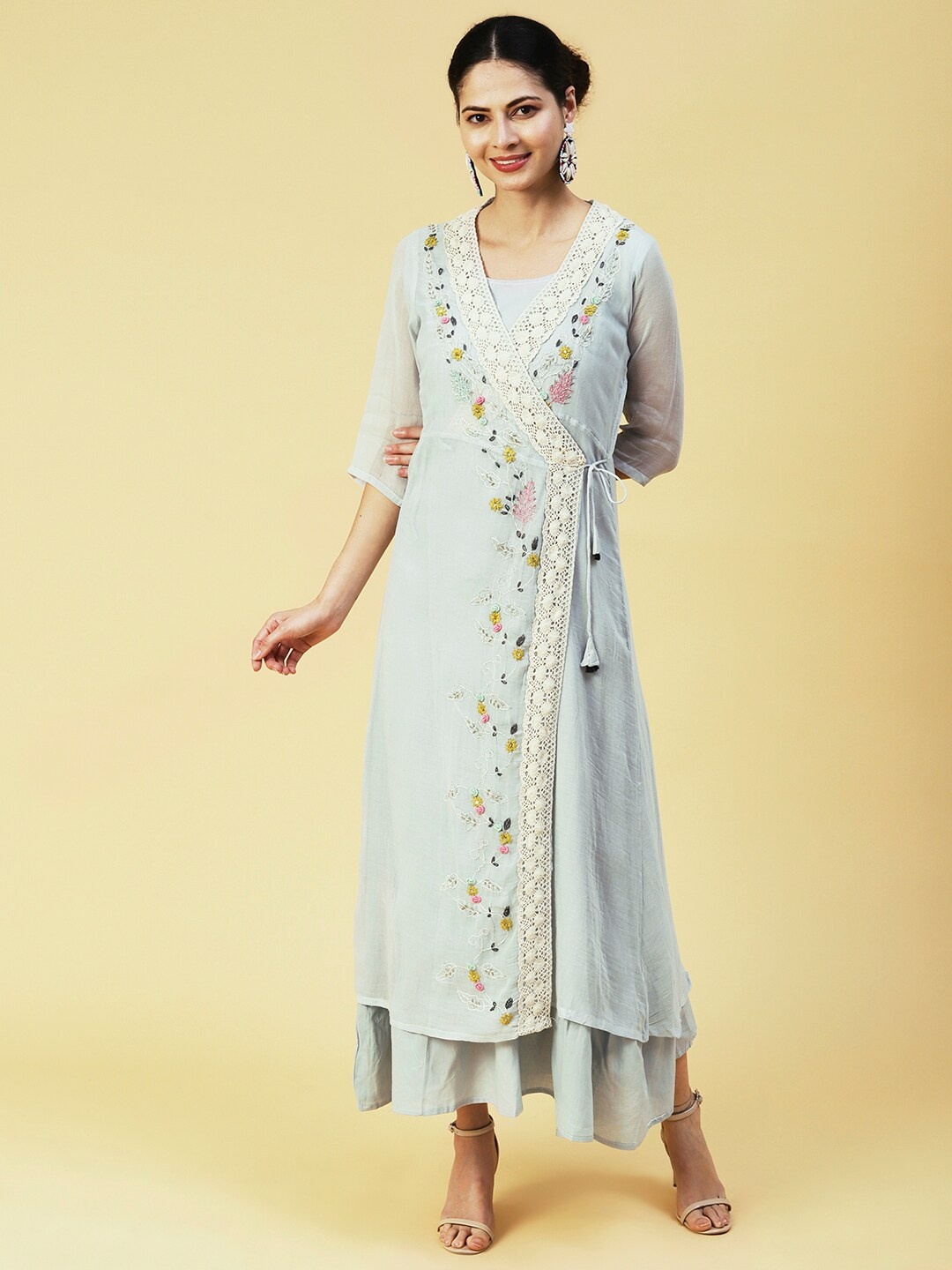 

FASHOR Floral Embroidered Maxi Cotton Dress, Blue