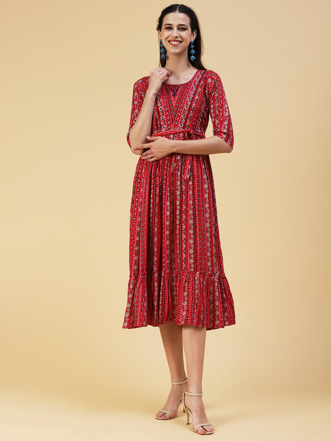 

FASHOR Ethnic Motifs A-Line Midi Cotton Dress, Red