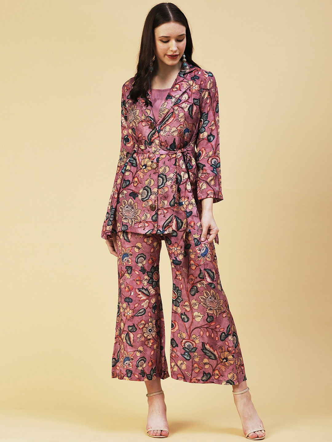 

FASHOR Women Floral Printed Co-Ords, Mauve