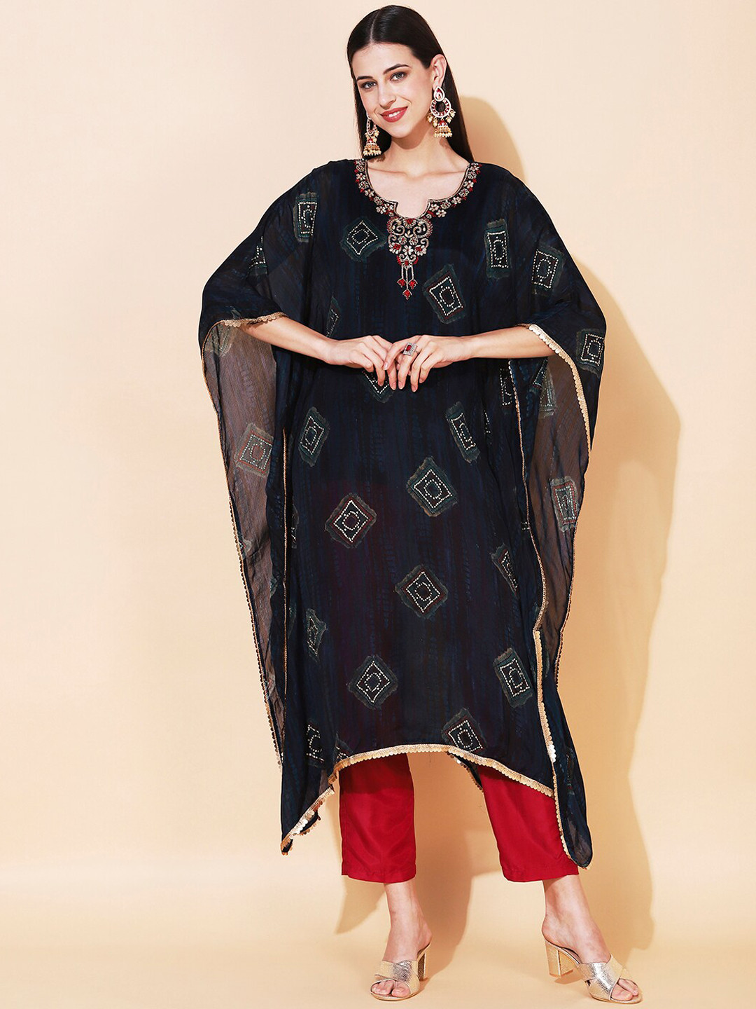 

FASHOR Women Ethnic Motifs Printed Extended Sleeves Kaftan Kurta, Navy blue